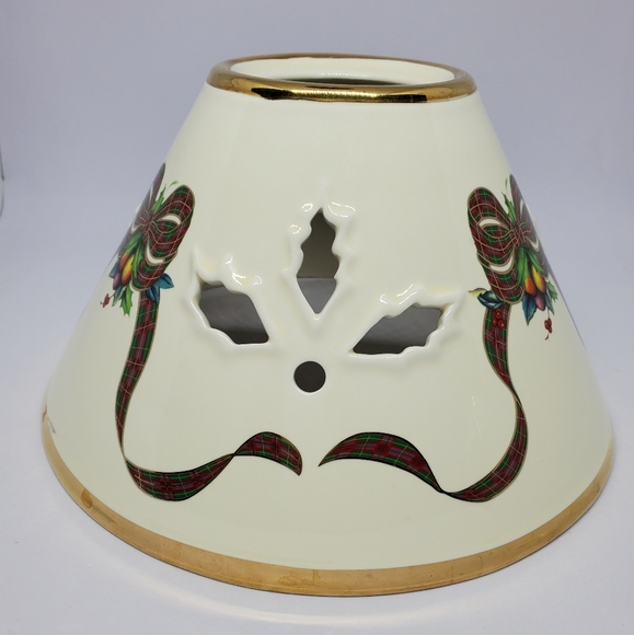 Lenox Holiday Tartan Candle Lamp & Shade, Fruit and Holly Leaves Gold Trim Vtg. - Picture 8 of 14